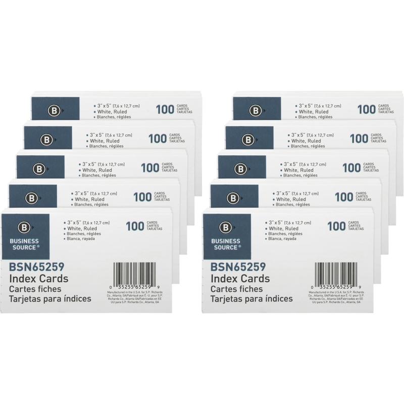 Business Source Ruled White Index Cards - Front Ruling Surface - Ruled - 72 lb Basis Weight - 3in x 5in - White Paper - 1000 / Box MPN:65259BX