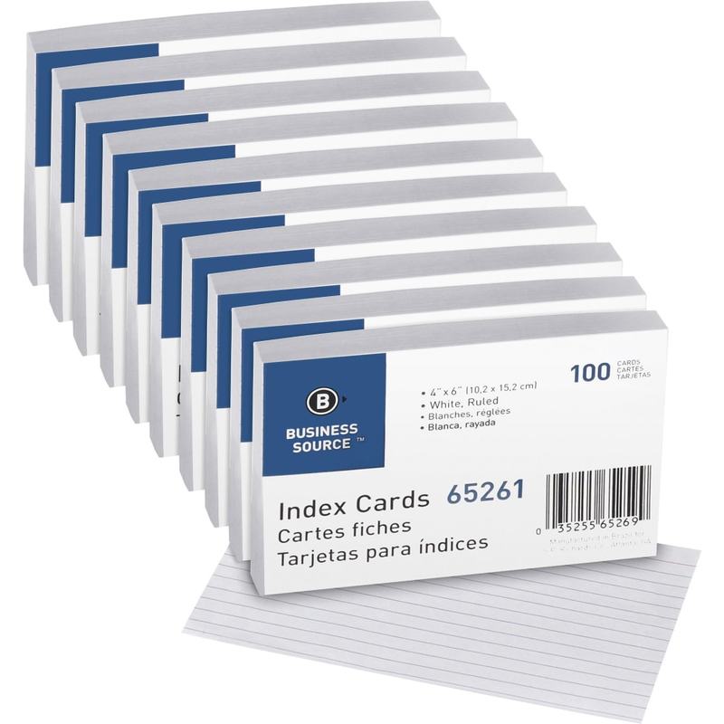 Business Source Ruled Index Cards, Front Ruling Surface, 100 Per Pack, 10 Packs, 72 lb Basis Weight, 6inx4in - 65261BX MPN:65261BX