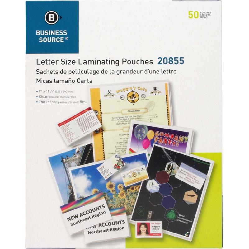 Business Source Letter Size Laminating Pouches - Letter 8.50inx 11in - 9inx 11.50inx5 mil Thickness, 50/Pack MPN:20855
