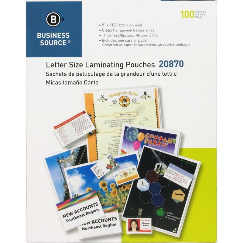 Business Source 3-mil Laminating Pouches, 9in x 11-1/2in, Clear, Box of 100 MPN:20870