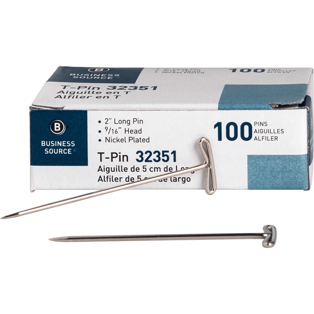 Business Source High Quality Steel T-pins - 0.56in Head - 2in Length x 0.6in Width - Silver - Steel - 1 Box MPN:32351
