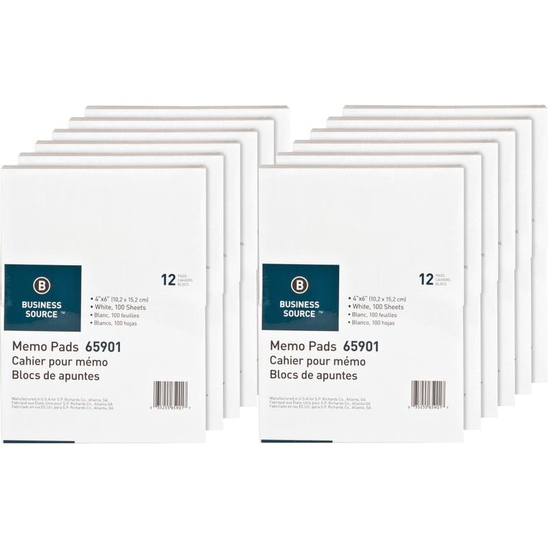Business Source Plain Memo Pads - 100 Sheets - Plain - Glued - Unruled - 15 lb Basis Weight - 4in x 6in - White Paper - Chipboard Backing - 144 / Carton MPN:65901CT