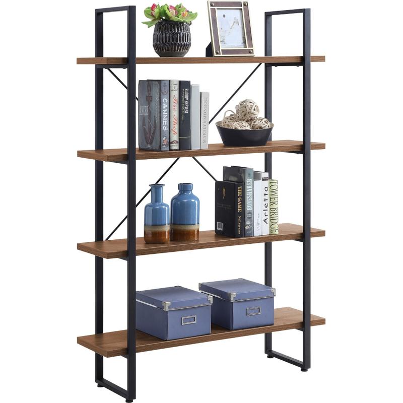 Lorell SOHO Rustic Metal Frame Bookcase, 57.5inH x 39.4inW x 11.8inD, 4 Shelve(s), Band Edge, Walnut, Sturdy, Durable MPN:97619