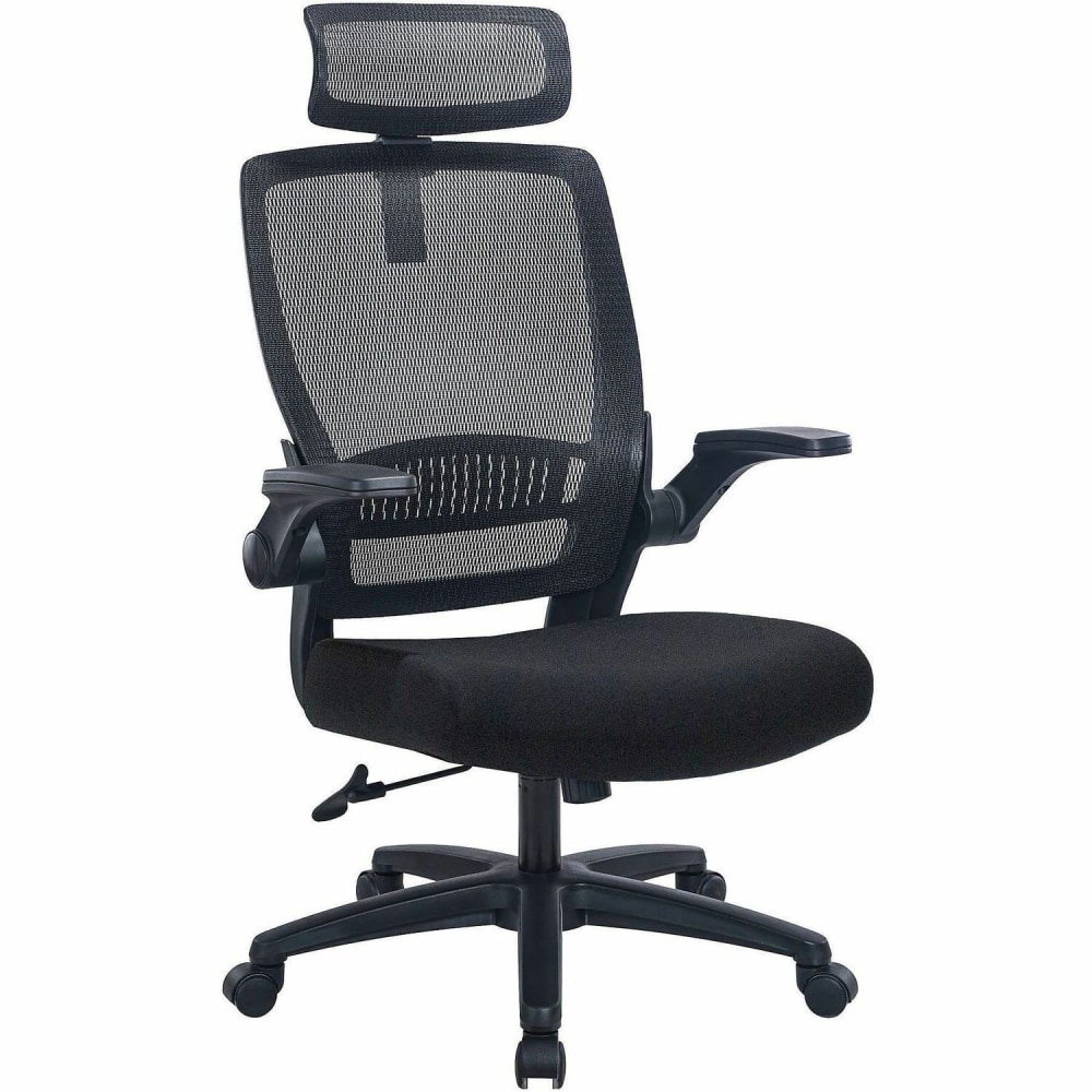 Lorell Lanser Mesh-Back Chair with Flip-Up Arms - Fabric Seat Material - Mesh Back Material - High Back - 5-star Base - Black - Armrest - 1 Each MPN:63210