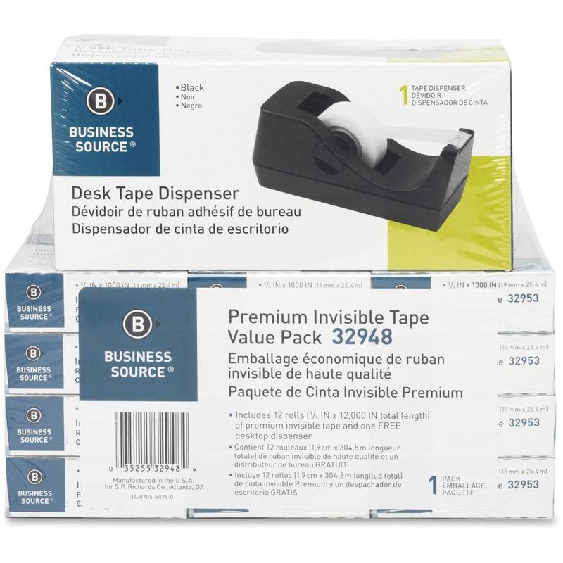 Business Source Invisible Tape Dispenser Value Pack - 27.78 yd x 0.75in- 1in Core - Acetate - Dispenser Included - Desktop Dispenser - 12 / Pack - Clear MPN:32948