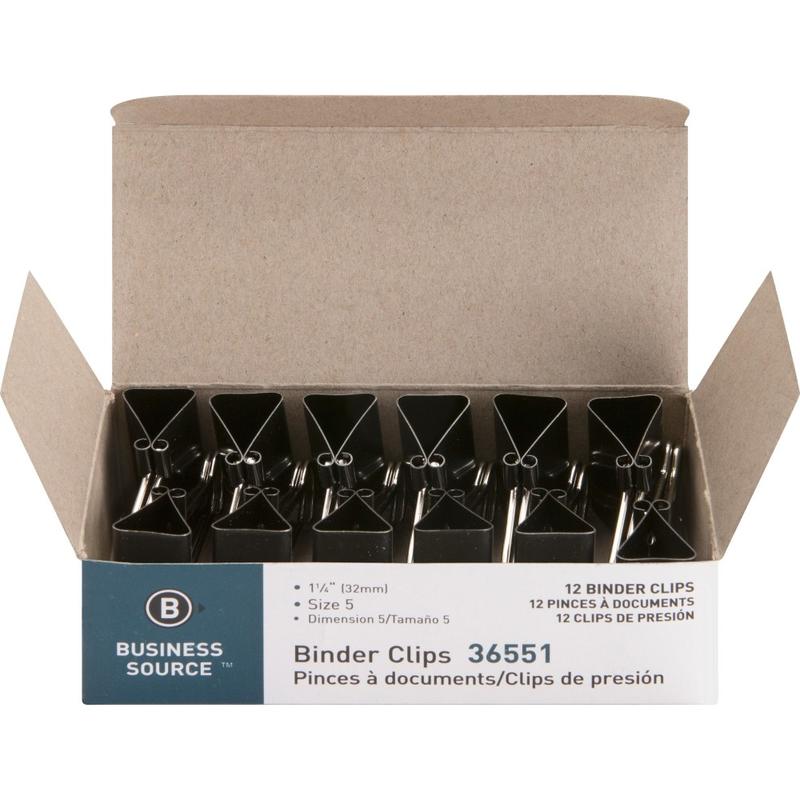 Business Source Fold-Back Binder Clips, 1-5/16in x 1-5/16in, 11/16in Capacity, Black/Silver, Pack Of 12 Clips MPN:36551