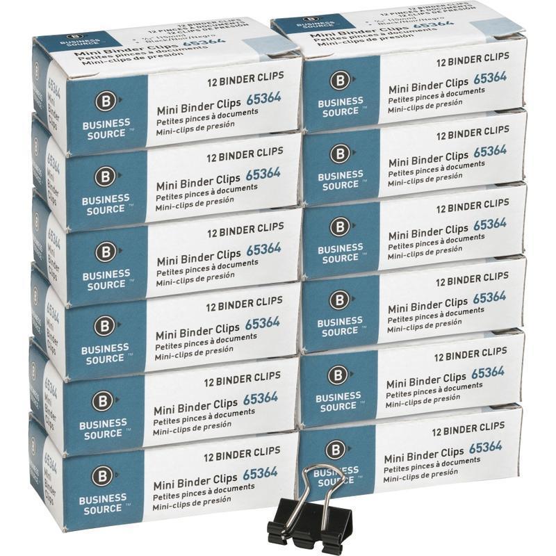 Business Source Fold-back Binder Clips - Mini - 0.6in Width - 0.25in Size Capacity - for Paper - Black - Tempered Steel - 1 Dozen/Pack - 12 / Box MPN:65364BX