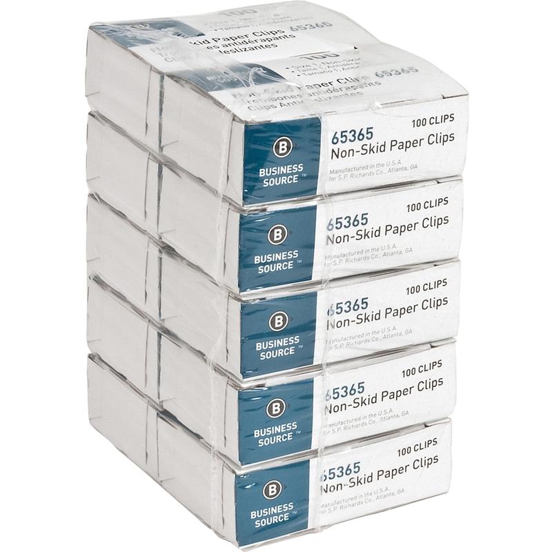 Business Source Non-Skid Paper Clips - Standard - No. 1 - 0.4in Length x 1.3in Width - Silver - Steel - 100/Box - 10 / Pack MPN:65365