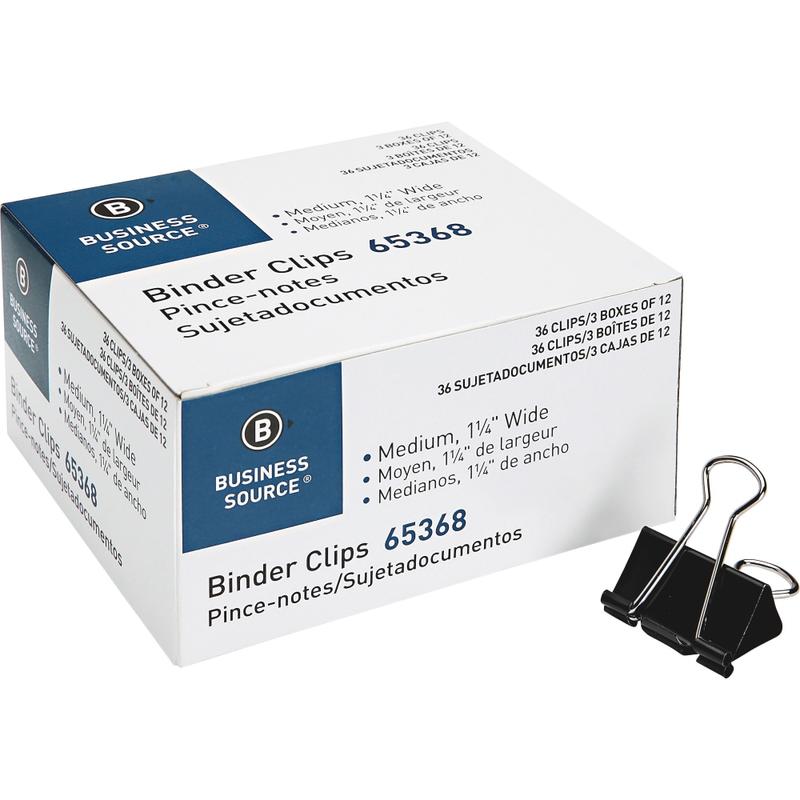 Business Source Binder Clips - Medium - 1.3in Width - for Paper - 36 / Pack - Black MPN:65368