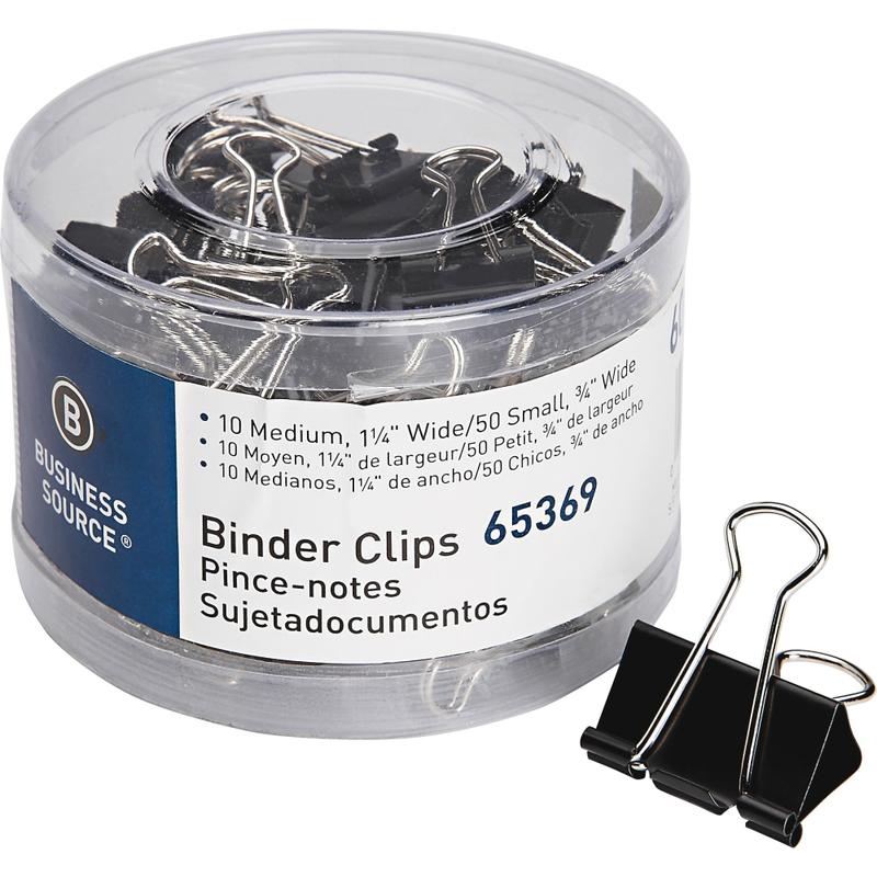 Business Source Small/Medium Binder Clips Set - Small, Medium - for Paper, Project, Document - 60 / Pack - Black MPN:65369