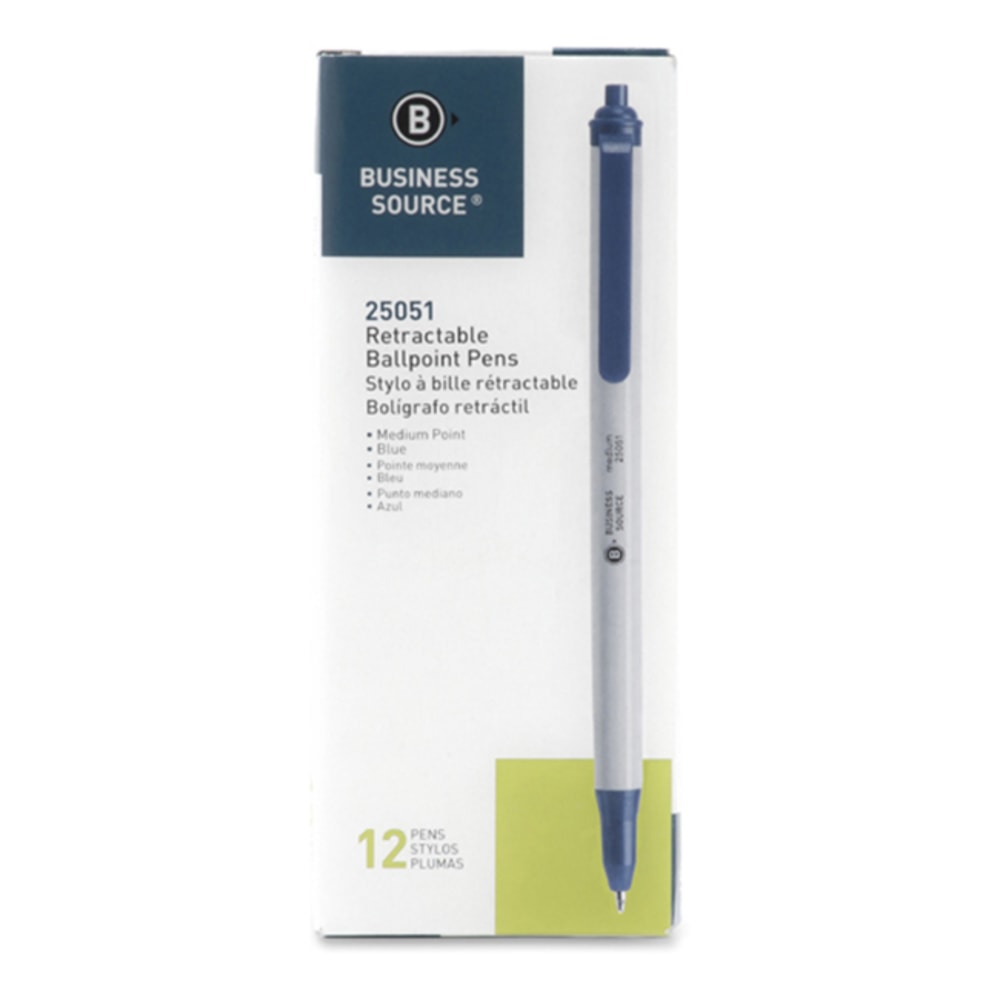 Business Source Retractable Ballpoint Pens - Medium Pen Point - Retractable - Blue - Gray Barrel - 1 Dozen MPN:25051