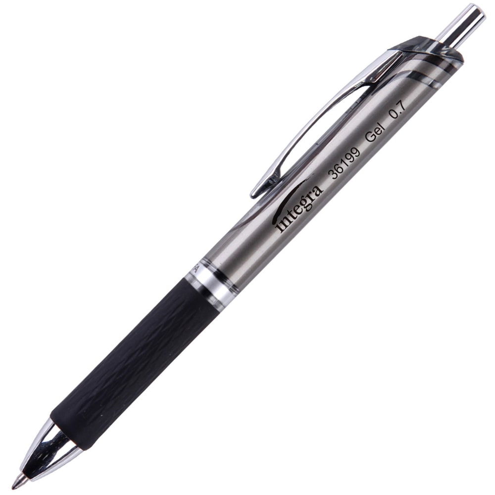 Integra Retractable Gel Ink Pens, Medium Point, 0.7 mm, Silver Barrel, Black Ink, Pack Of 12 Pens MPN:36199