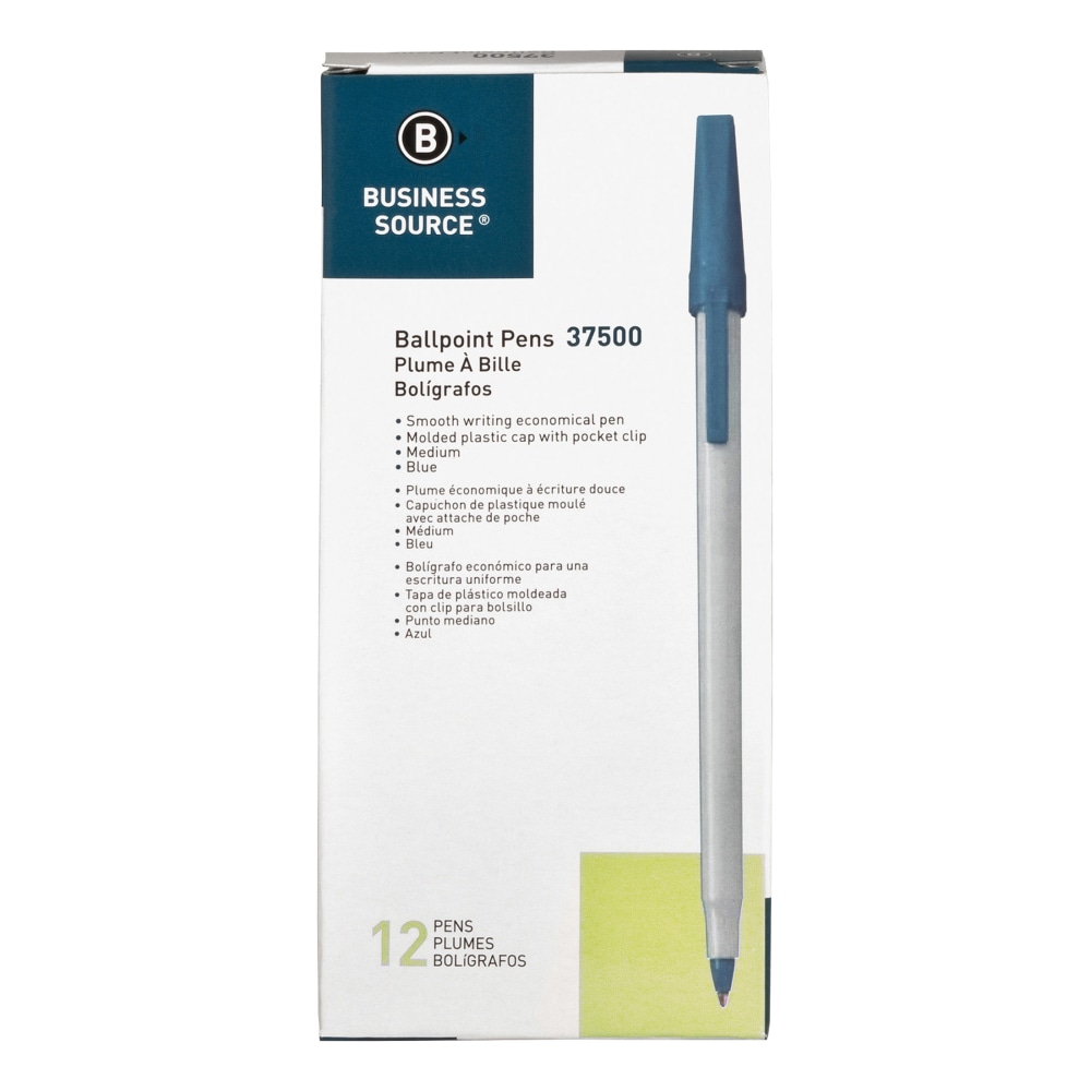 Business Source Medium Point Ballpoint Stick Pens - Medium Pen Point - Blue - Light Gray Barrel - Stainless Steel Tip - 1 Dozen MPN:37500