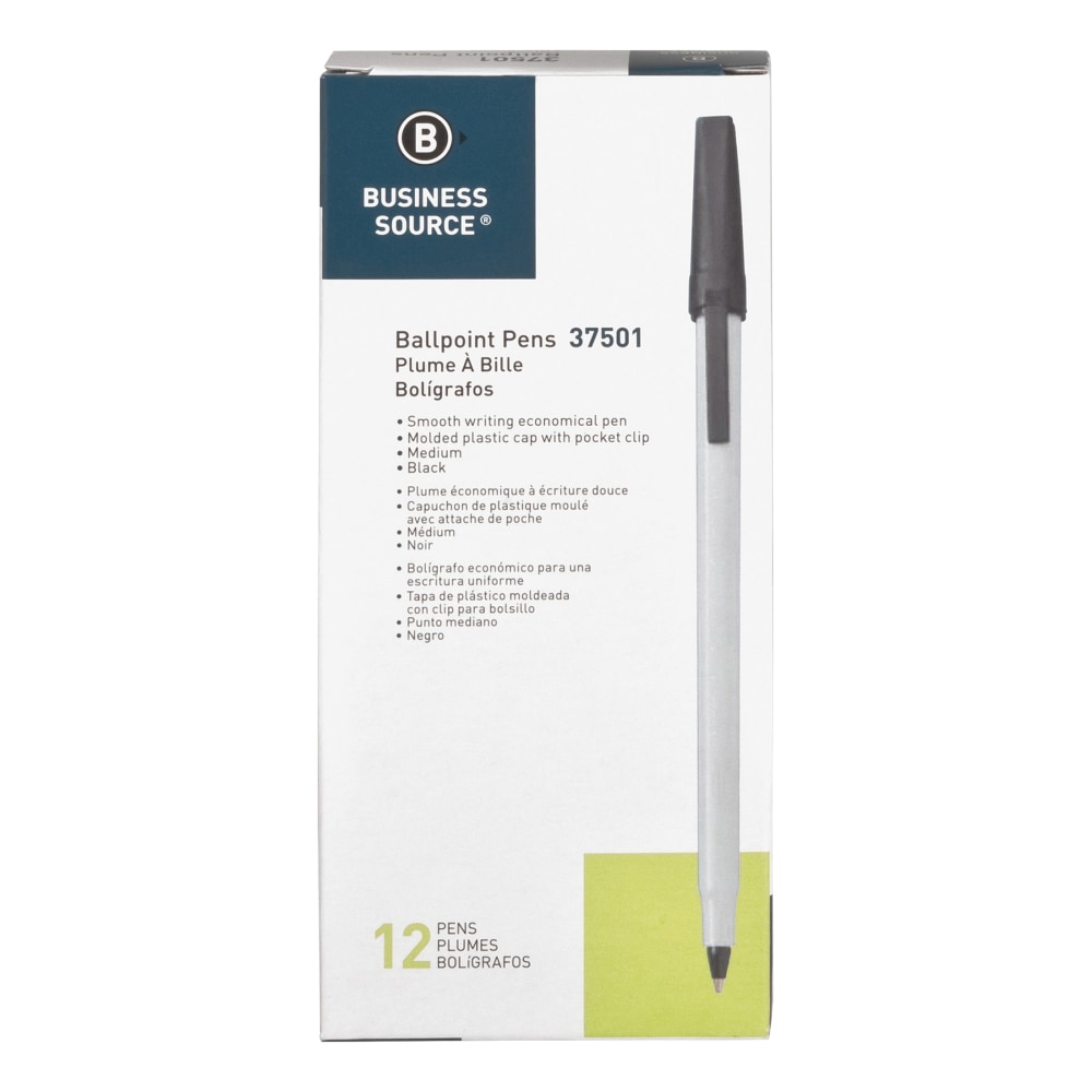 Business Source Medium Point Ballpoint Stick Pens - Medium Pen Point - Black - Light Gray Barrel - Stainless Steel Tip - 1 Dozen MPN:37501