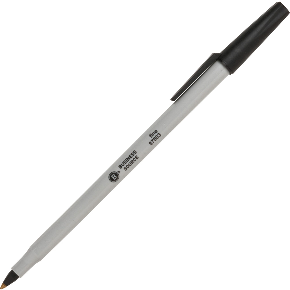 Business Source Fine Point Ballpoint Stick Pens - Fine Pen Point - Black - Light Gray Barrel - Stainless Steel Tip - 1 Dozen MPN:37503