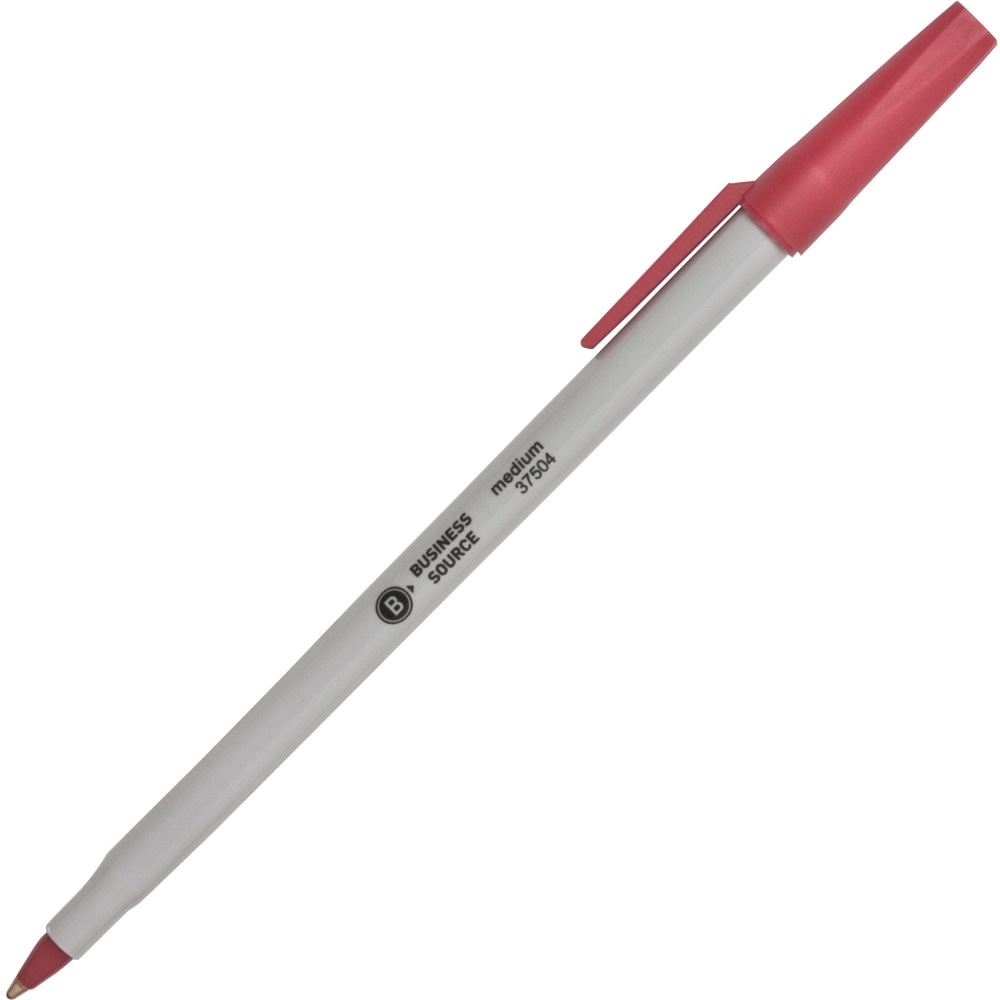 Business Source Ballpoint Stick Pens, Medium Point, Light Gray Barrel, Red Ink, Pack Of 12 Pens MPN:37504