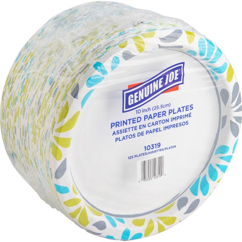 Genuine Joe 10in Printed Paper Plates - Disposable - 10in Diameter - Multi - 125 / Pack MPN:10319