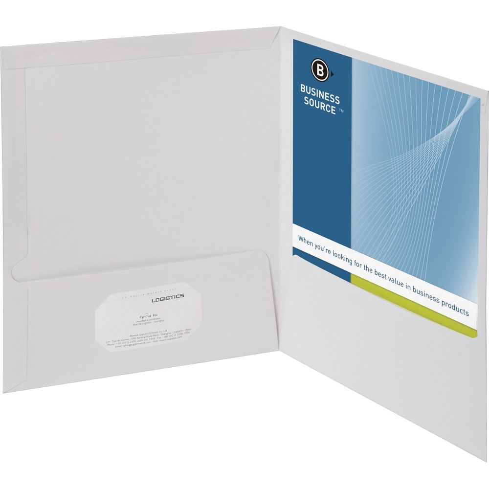 Business Source Letter Pocket Folders, 8 1/2in x 11in, 100 Sheets Capacity, 2 Internal Pockets, White, Box Of 5 MPN:44424