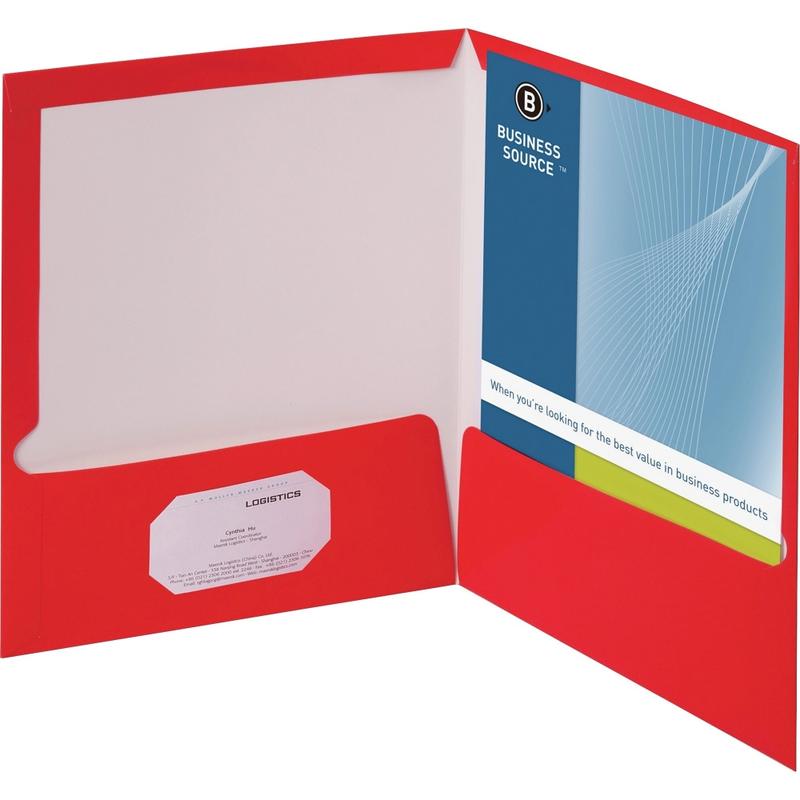 Business Source Letter Pocket Folder - 8 1/2in x 11in - 100 Sheets Capacity - Card Paper - Red - Durable, Laminated, Die-cut - 25/Box - 44426 MPN:44426