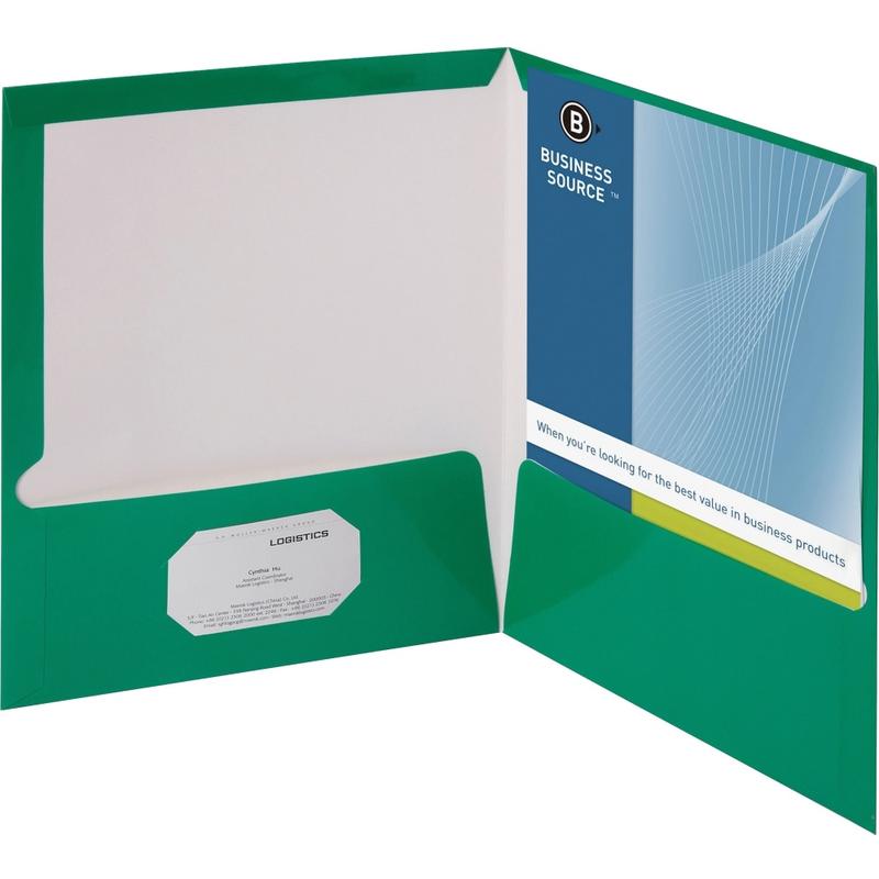 Business Source Letter Pocket Folder - 8 1/2in x 11in - 100 Sheets Capacity - Card Paper - Green - Durable, Laminated, Die-cut - 25/Box - 44427 MPN:44427