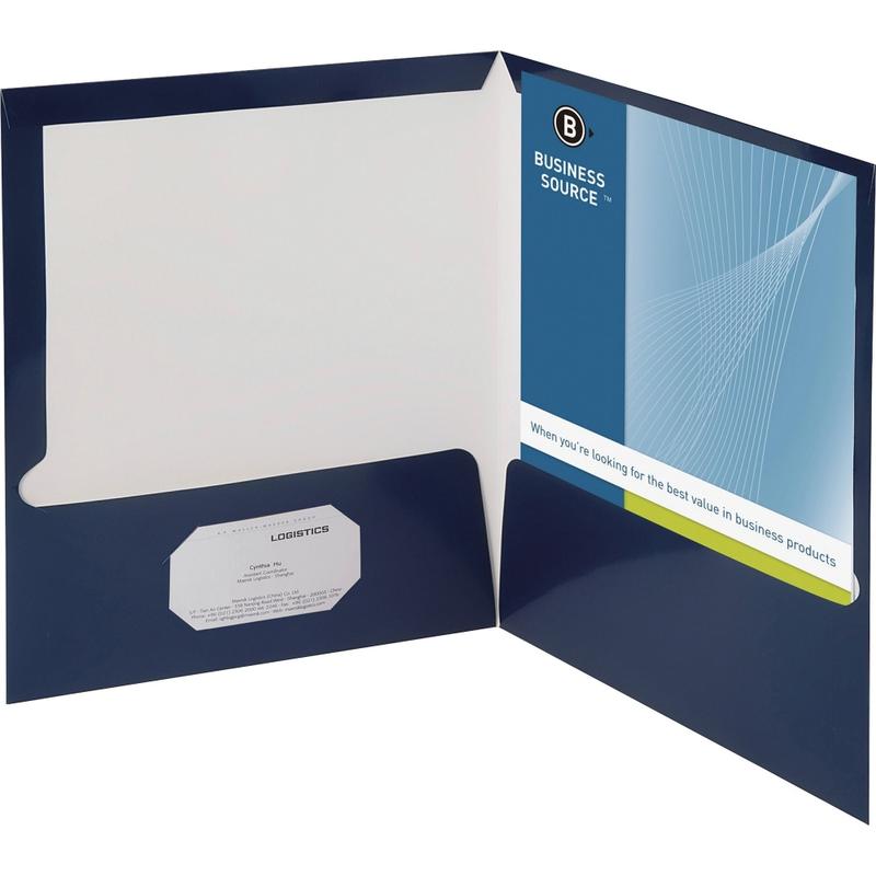 Business Source Letter Pocket Folder - 8 1/2in x 11in - 100 Sheets Capacity - Card Paper - Navy - Durable, Laminated, Die-cut - 25/Box - 44430 MPN:44430