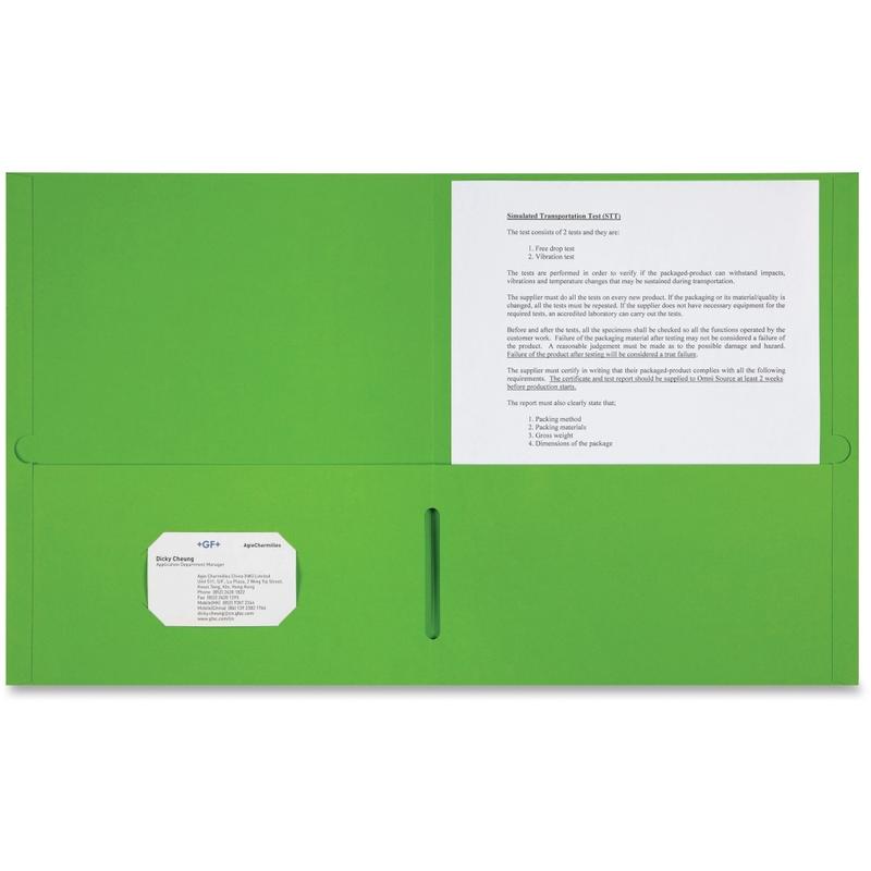 Sparco Letter Pocket Folder - 8 1/2in x 11in - 2 Internal Pocket - Apple Green - 1 Box MPN:78552