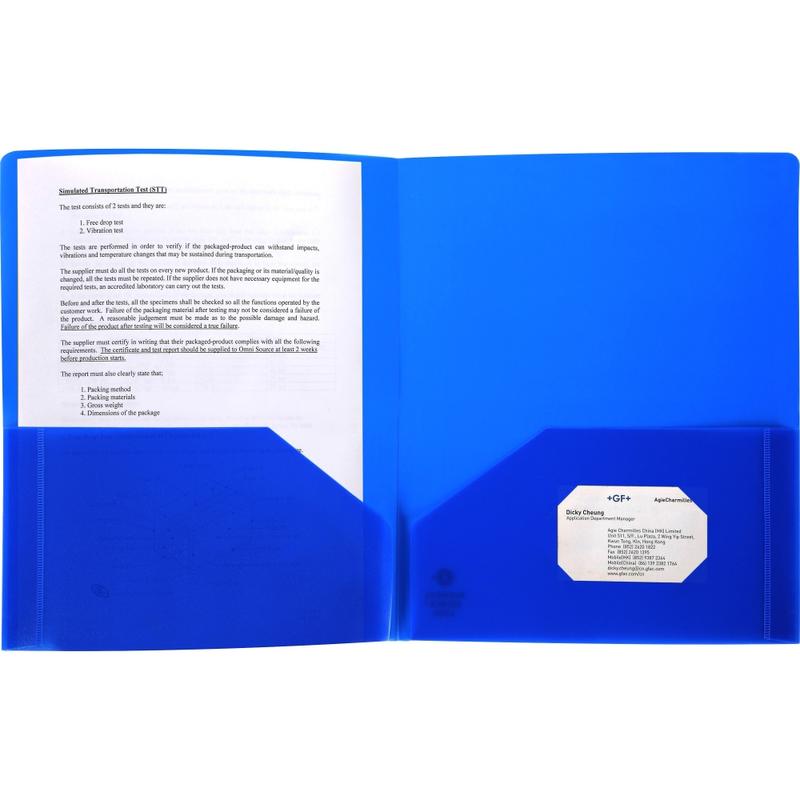 Business Source 2-Pocket Poly Portfolio, Letter Size, 8-1/2in x 11in, Blue MPN:20880