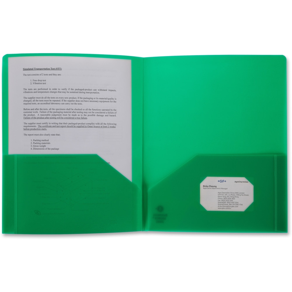 Business Source 2-Pocket Poly Portfolio, Letter Size, 8-1/2in x 11in, Green MPN:20882