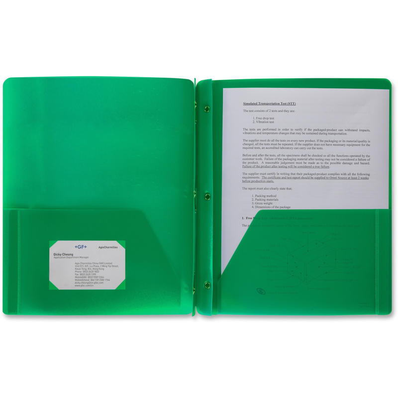 Business Source 3-Hole Punched Poly Portfolio, Letter Size, 8-1/2in x 11in, Green MPN:20888