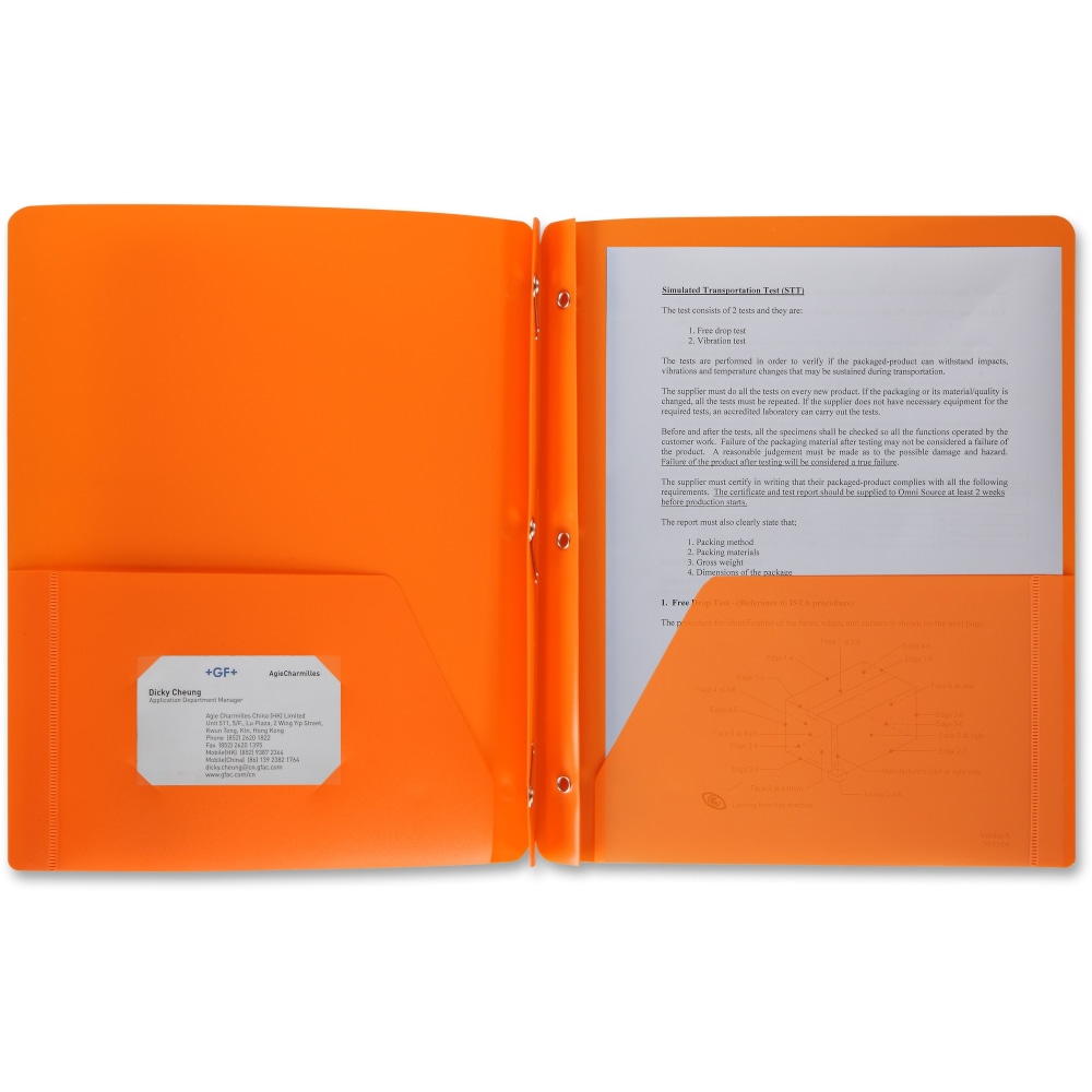 Business Source 3-Hole Punched Poly Portfolio, Letter Size, 8-1/2in x 11in, Orange MPN:20889