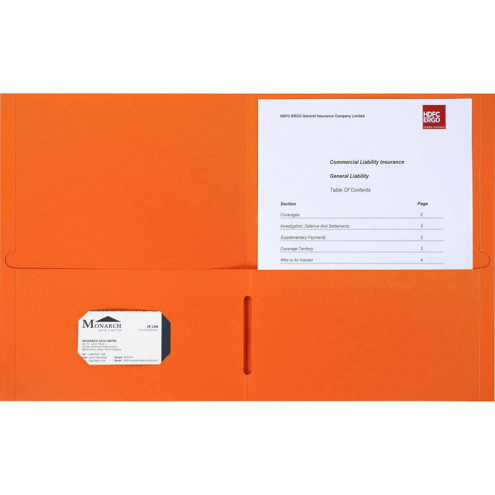 Business Source Letter Portfolio - 8 1/2in x 11in - 125 Sheets Capacity - Inside Front & Back Pocket - Orange - Card Holder - 25 / Box MPN:78554