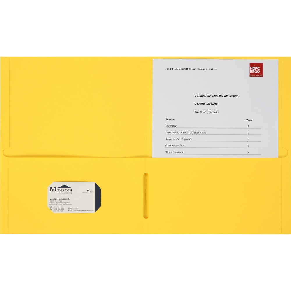 Business Source Letter Portfolio - 8 1/2in x 11in - 125 Sheets Capacity - Inside Front & Back Pocket - Yellow - Card Holder - 1 Box MPN:78556