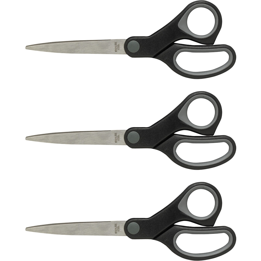 Sparco Straight Scissors w/Rubber Grip Handle - 7in Overall Length - Straight - Stainless Steel - Pointed Tip - Black, Gray - 3 / Bundle MPN:25225BD