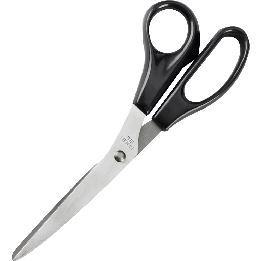 Business Source Stainless Steel Scissors - 8in Overall Length - Bent-right - Stainless Steel - Black - 1 Each MPN:65647