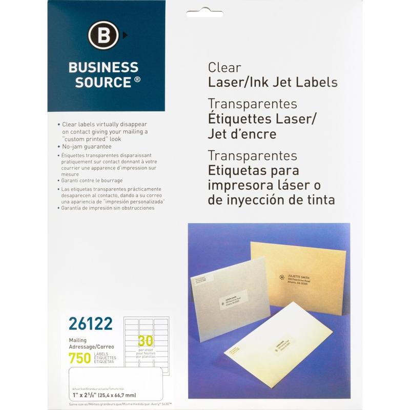 Business Source Mailing Address Labels - 1inx 2 3/4in - Permanent Adhesive - Rectangle - Laser - Clear - 30 / Sheet - Self-adhesive - 750 / Pack MPN:26122