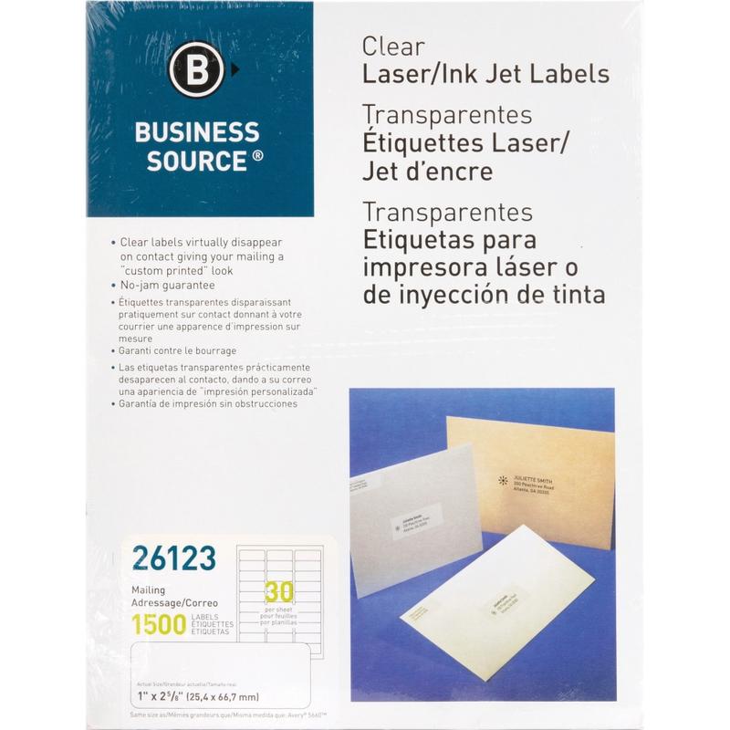 Business Source Mailing Address Labels - 1inx 2 3/4in - Permanent Adhesive - Rectangle - Laser - Clear - 30 / Sheet - Self-adhesive - 1500 / Pack MPN:26123
