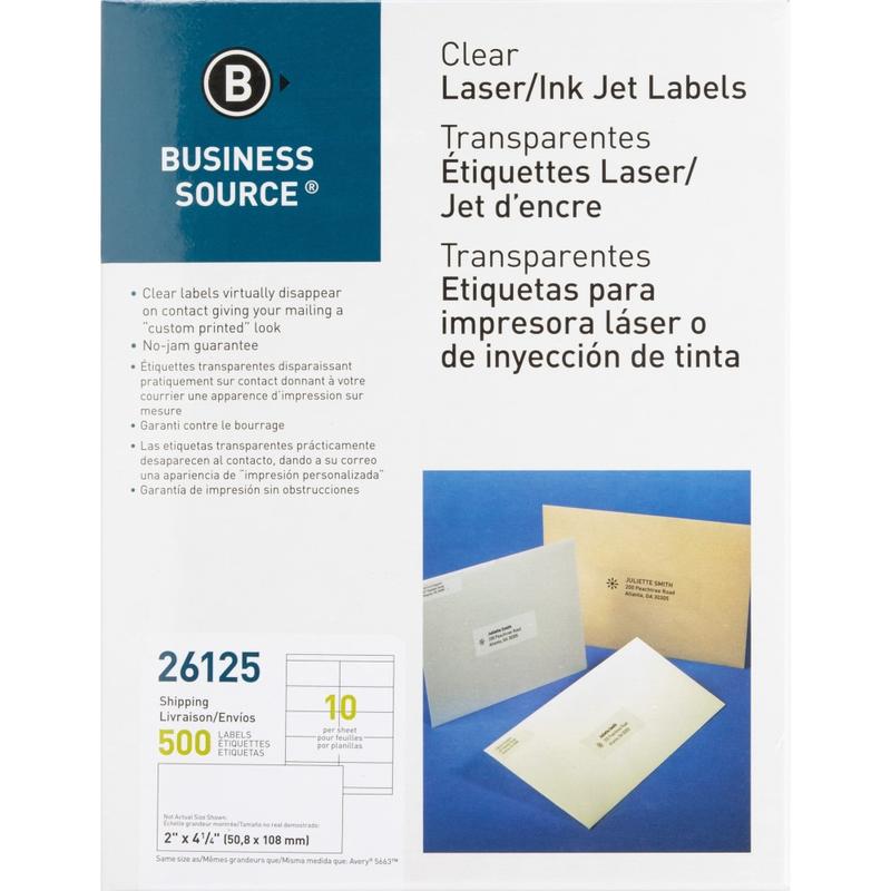 Business Source Clear Shipping Labels - 2inx 4 1/4in - Permanent Adhesive - Rectangle - Laser - Clear - 10 / Sheet - Self-adhesive - 500 / Pack MPN:26125