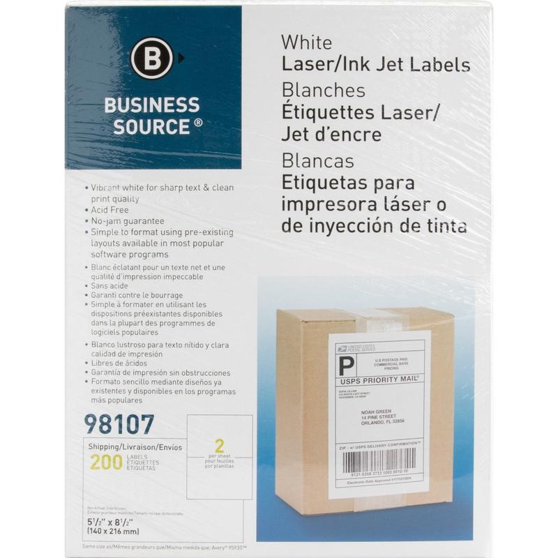 Business Source Bright White Premium-quality Internet Shipping Labels - 5 1/2inx 8 1/2in - Permanent Adhesive - 98107 MPN:98107
