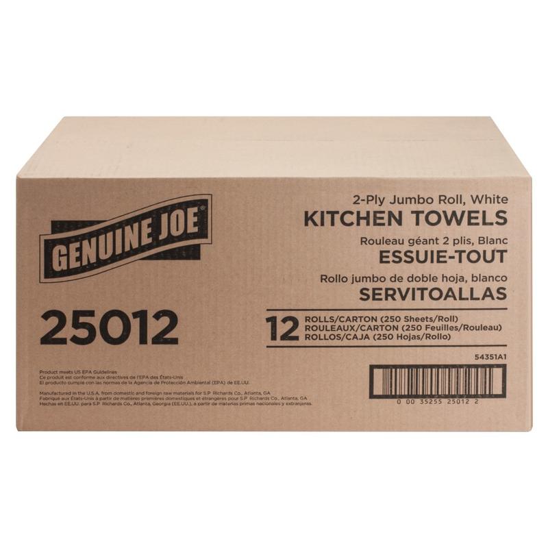 Genuine Joe Paper Towels - 2 Ply - 8in x 11in - 250 Sheets/Roll - White - Paper - Perforated, Absorbent, Soft, Chlorine-free - For Kitchen, Multipurpose, Hand, Breakroom - 12 / Carton (Min Order Qty 2) MPN:25012