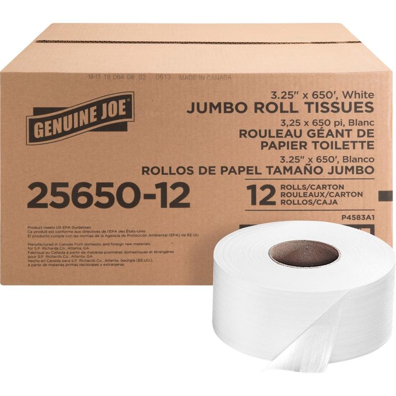 Genuine Joe 2-ply Jumbo Roll Dispenser Bath Tissue - 2 Ply - 3.30in x 650 ft - 3.30in Core - White - 12 / Carton (Min Order Qty 2) MPN:2565012
