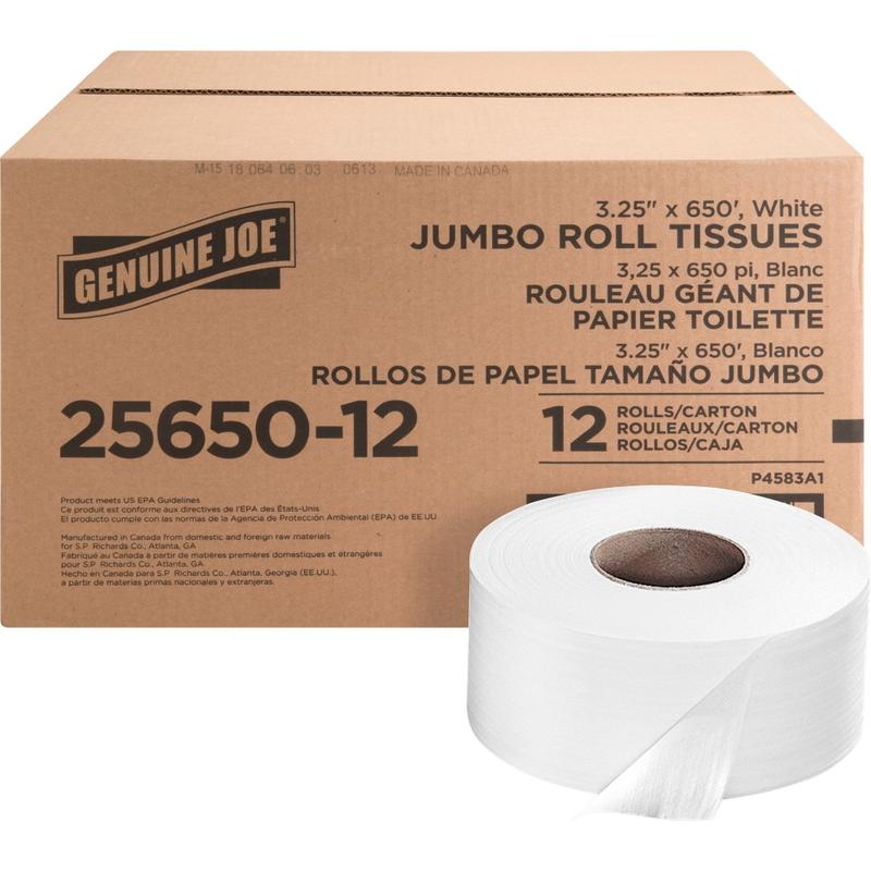 Genuine Joe 2-ply Jumbo Roll Dispenser Bath Tissue - 2 Ply - 3.30in Width x 650 ft Length - 3 19/64in Core - White - 12 / Carton MPN:2565012