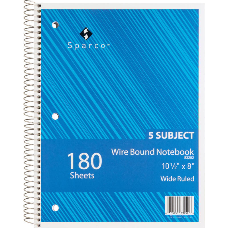 Sparco Quality Wire-Bound Wide Ruled Notebook, 8in x 10 1/2in, 180 Sheets, Bright White/Cover Assorted Colors (Min Order Qty 14) MPN:83252