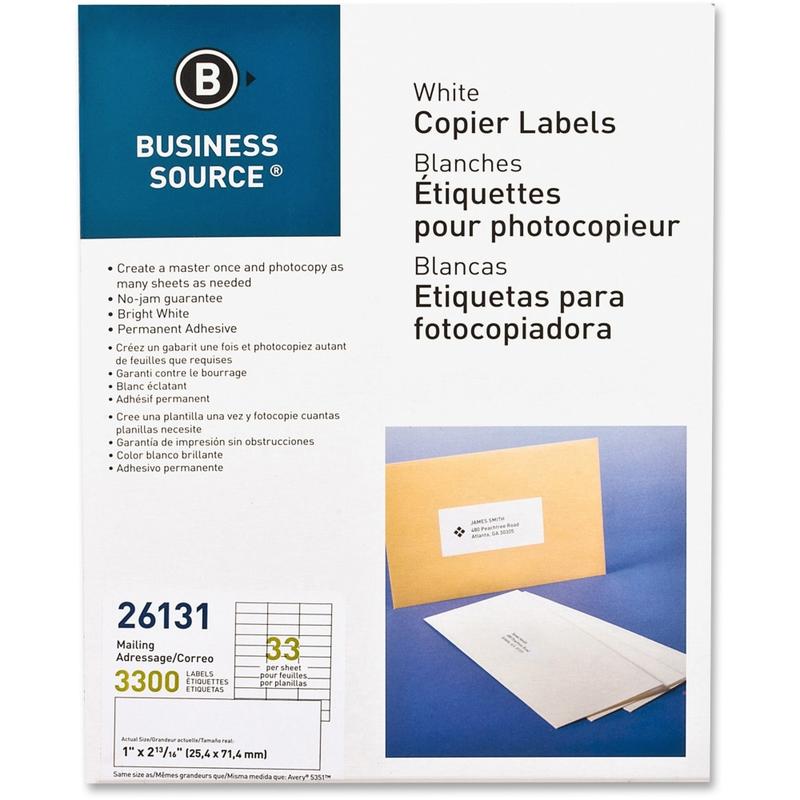 Business Source Bright White Copier Labels - 1in Width x 2 13/16in Length - Rectangle - White - 33 / Sheet - 3300 / Pack MPN:26131