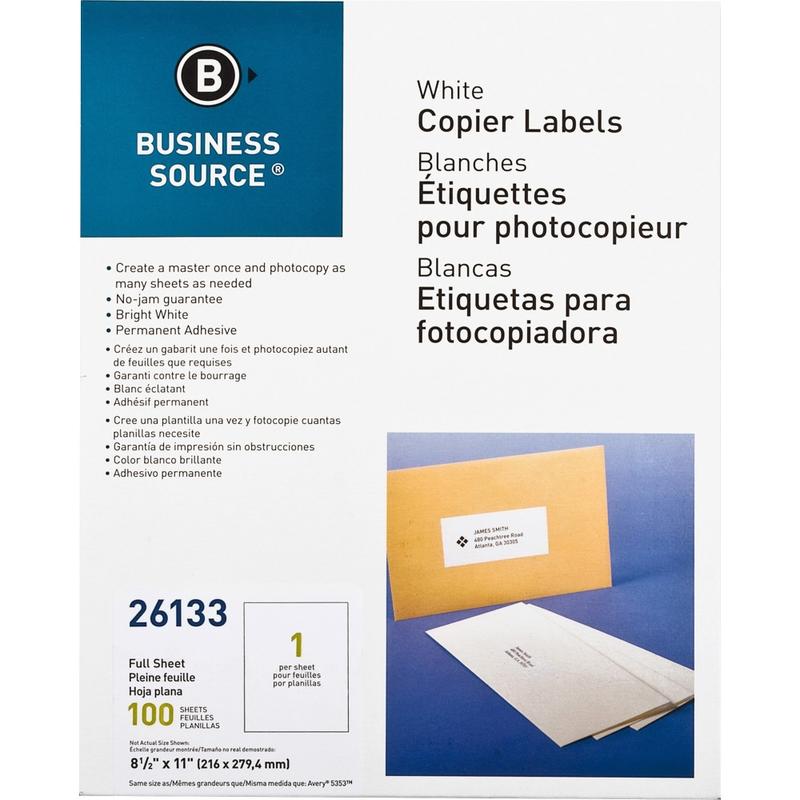 Business Source 8-1/2inx11in Copier Labels - 8 1/2in Width x 11in Length - Rectangle - White - 1 / Sheet - 100 / Pack MPN:26133