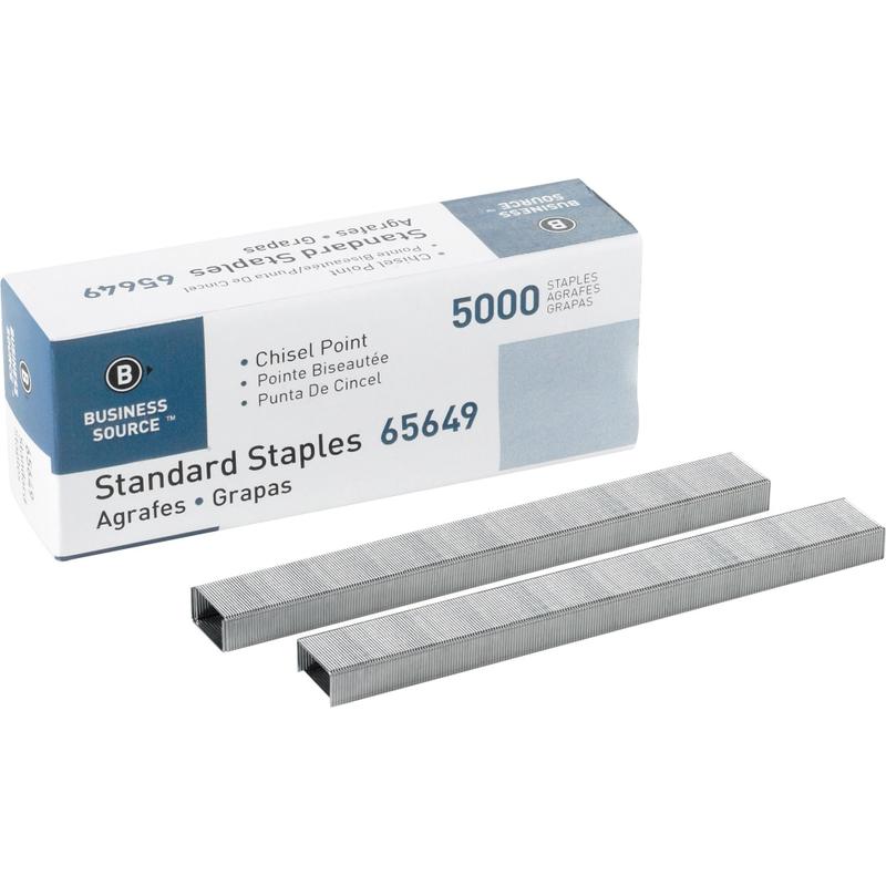 Business Source Standard Staples - 1/4in Leg - 1/2in Crown - Holds 30 Sheet(s) - Chisel Point - Silver - 210 Per Strip - 5000 / Box MPN:65649