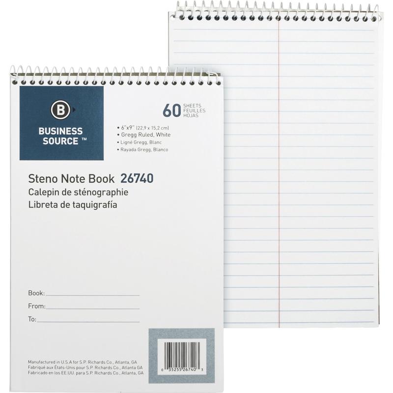 Business Source Steno Notebook - 60 Sheets - Wire Bound - Gregg Ruled Margin - 15 lb Basis Weight - 6in x 9in - White Paper - Stiff-back - 1 Each (Min Order Qty 15) MPN:26740