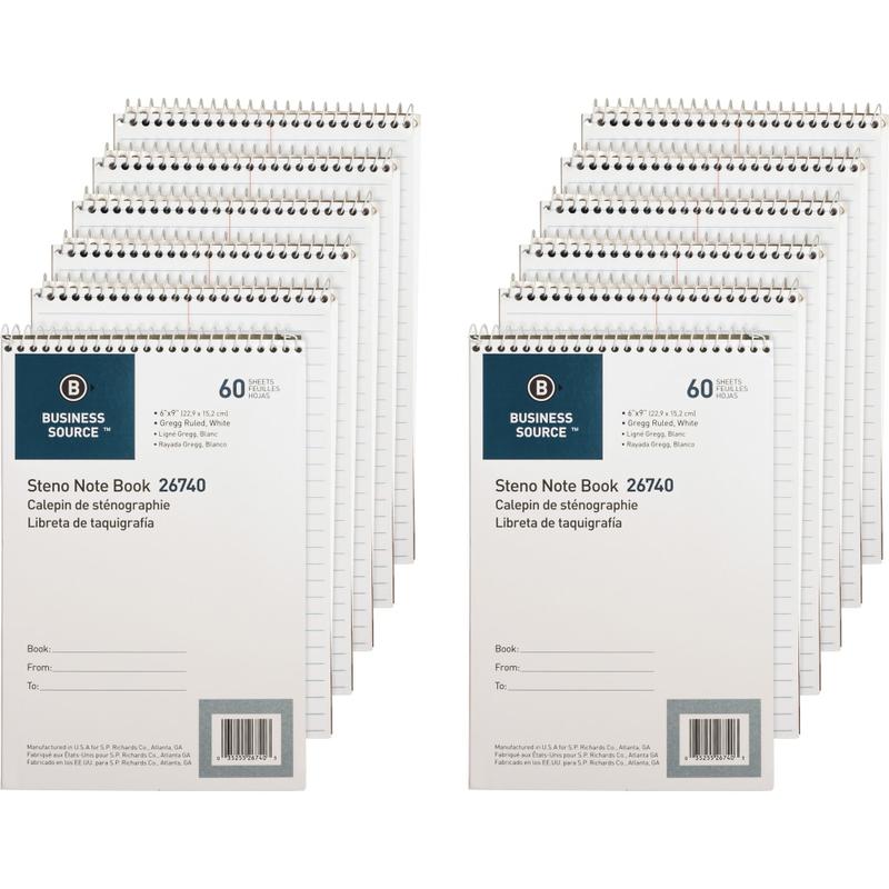 Business Source Steno Notebook - 60 Sheets - Wire Bound - Gregg Ruled Margin - 15 lb Basis Weight - 6in x 9in - White Paper - Stiff-back - 12 / Pack (Min Order Qty 2) MPN:26740PK