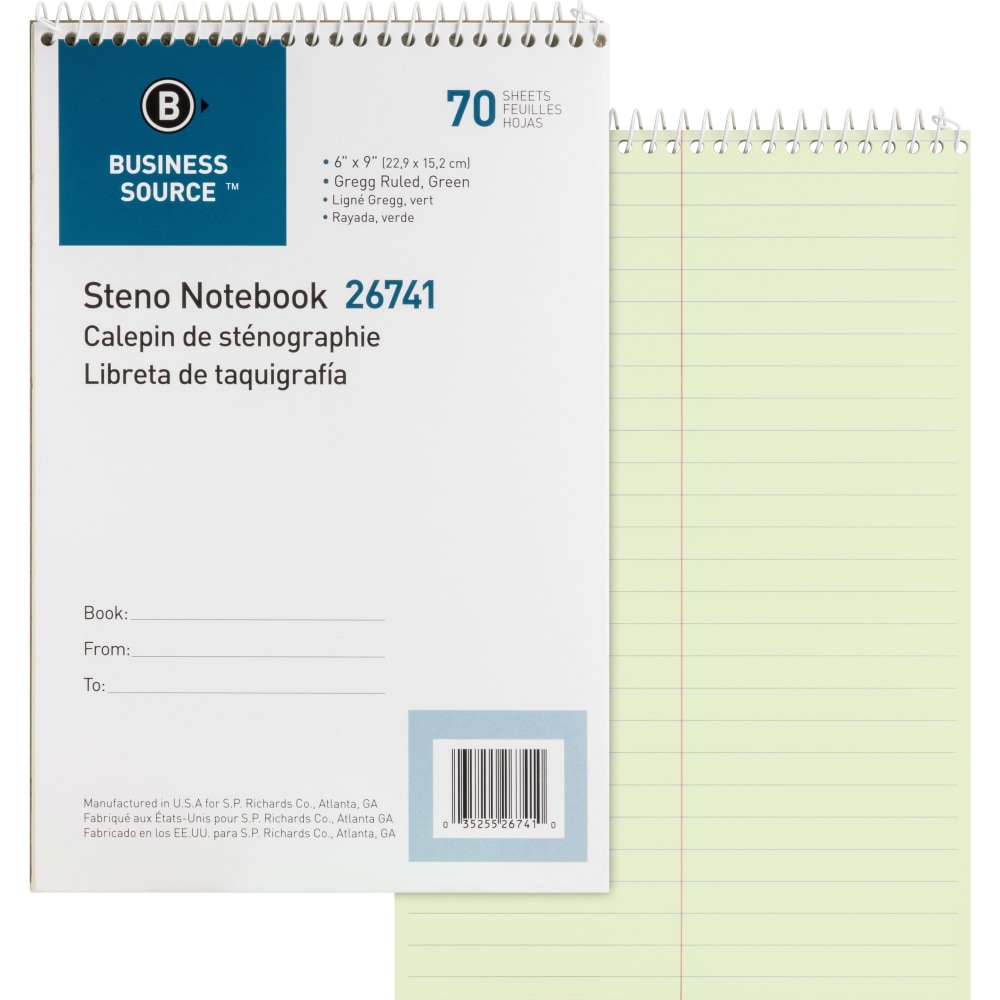Business Source Steno Notebook - 70 Sheets - Wire Bound - Gregg Ruled Margin - 15 lb Basis Weight - 6in x 9in - Green Paper - Stiff-back - 1 Each (Min Order Qty 14) MPN:26741