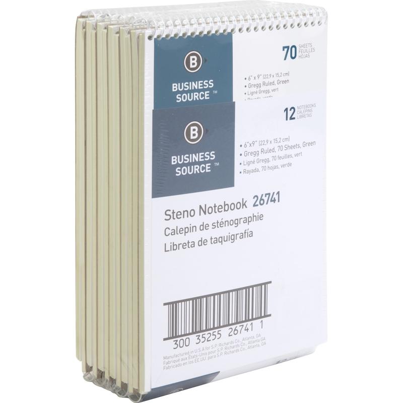 Business Source Wirebound Steno Notebook - 70 Sheets - Wire Bound - 15 lb Basis Weight - 6in x 9in - Green Paper - 12 / Pack (Min Order Qty 2) MPN:26741PK