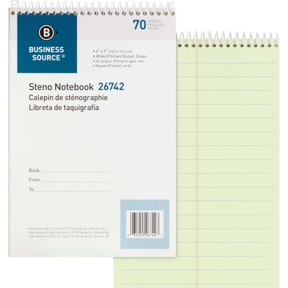 Business Source Steno Notebook - 70 Sheets - Wire Bound - Pitman Ruled Margin - 6in x 9in - Green Paper - Stiff-back - 1 Each (Min Order Qty 14) MPN:26742